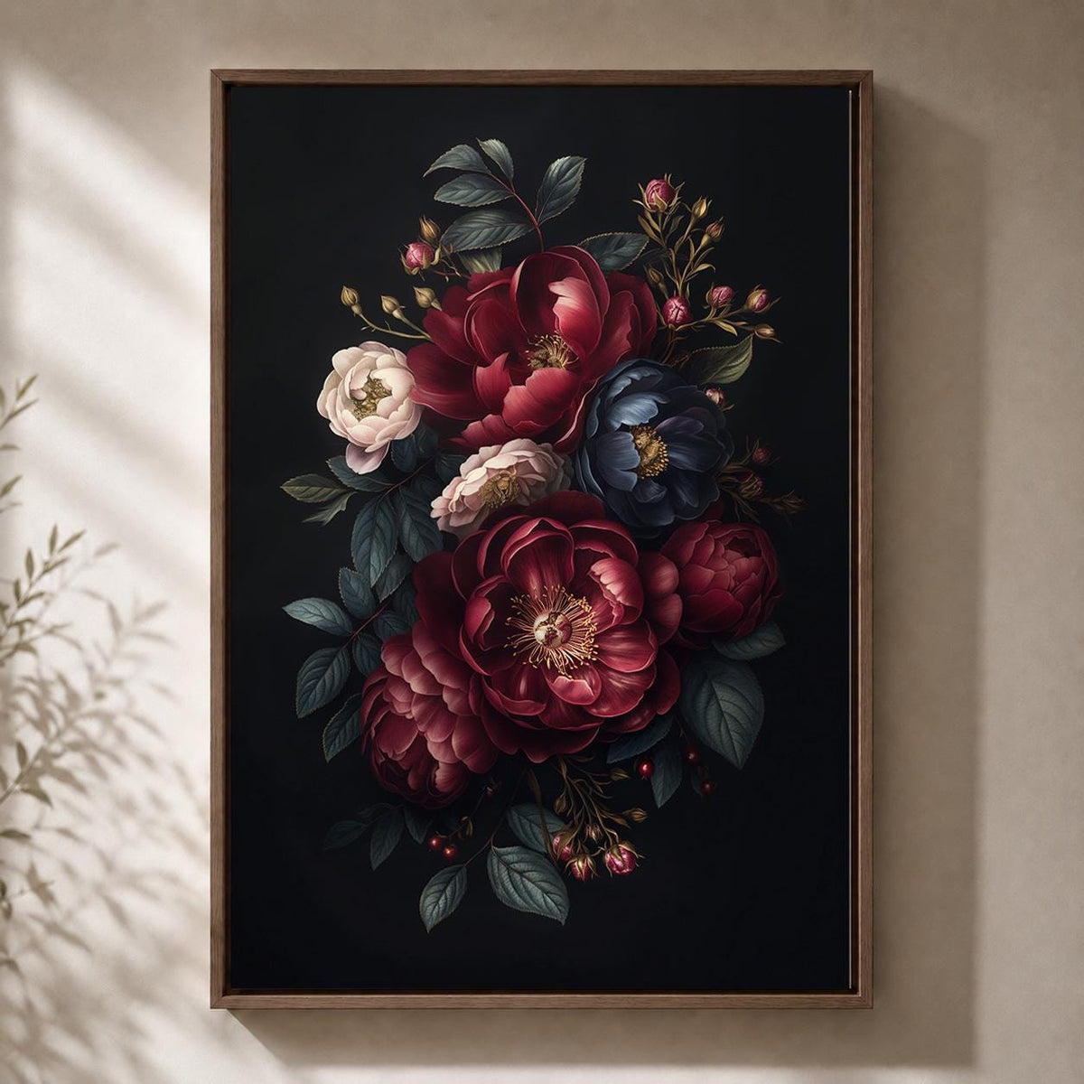 Dark Floral Peony Framed Canvas Art, Moody Botanical Framed Print, Gothic Academia Decor by The Wall Art Studio - physical