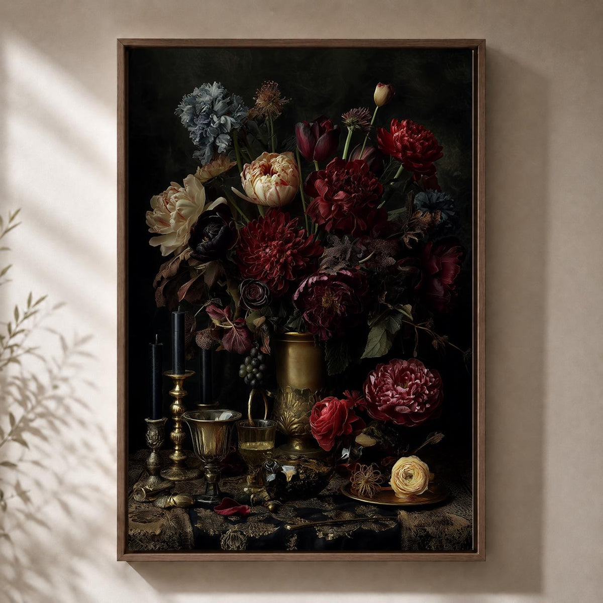 Dark Floral Still Life Framed Canvas Art, Moody Dutch Master Inspired Flowers, Gothic Decor by The Wall Art Studio - physical