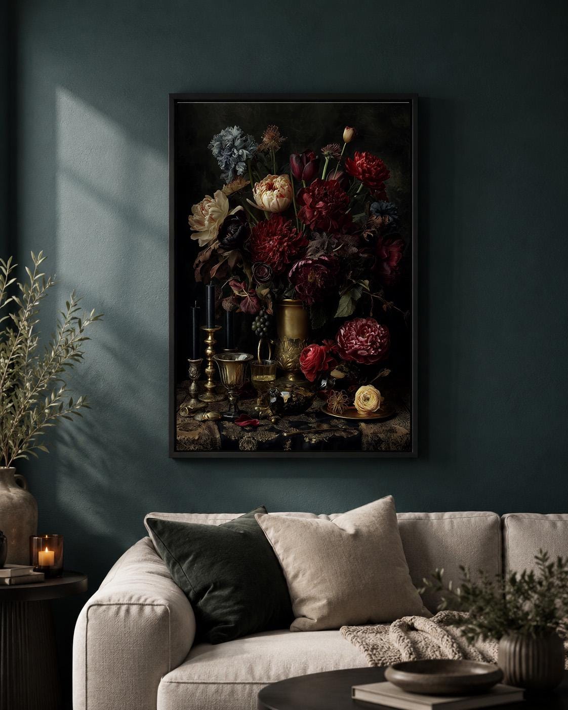 Dark Floral Still Life Framed Canvas Art, Moody Dutch Master Inspired Flowers, Gothic Decor by The Wall Art Studio - physical