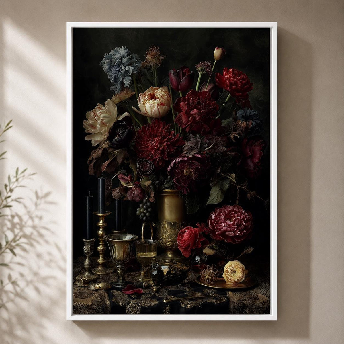 Dark Floral Still Life Framed Canvas Art, Moody Dutch Master Inspired Flowers, Gothic Decor by The Wall Art Studio - physical