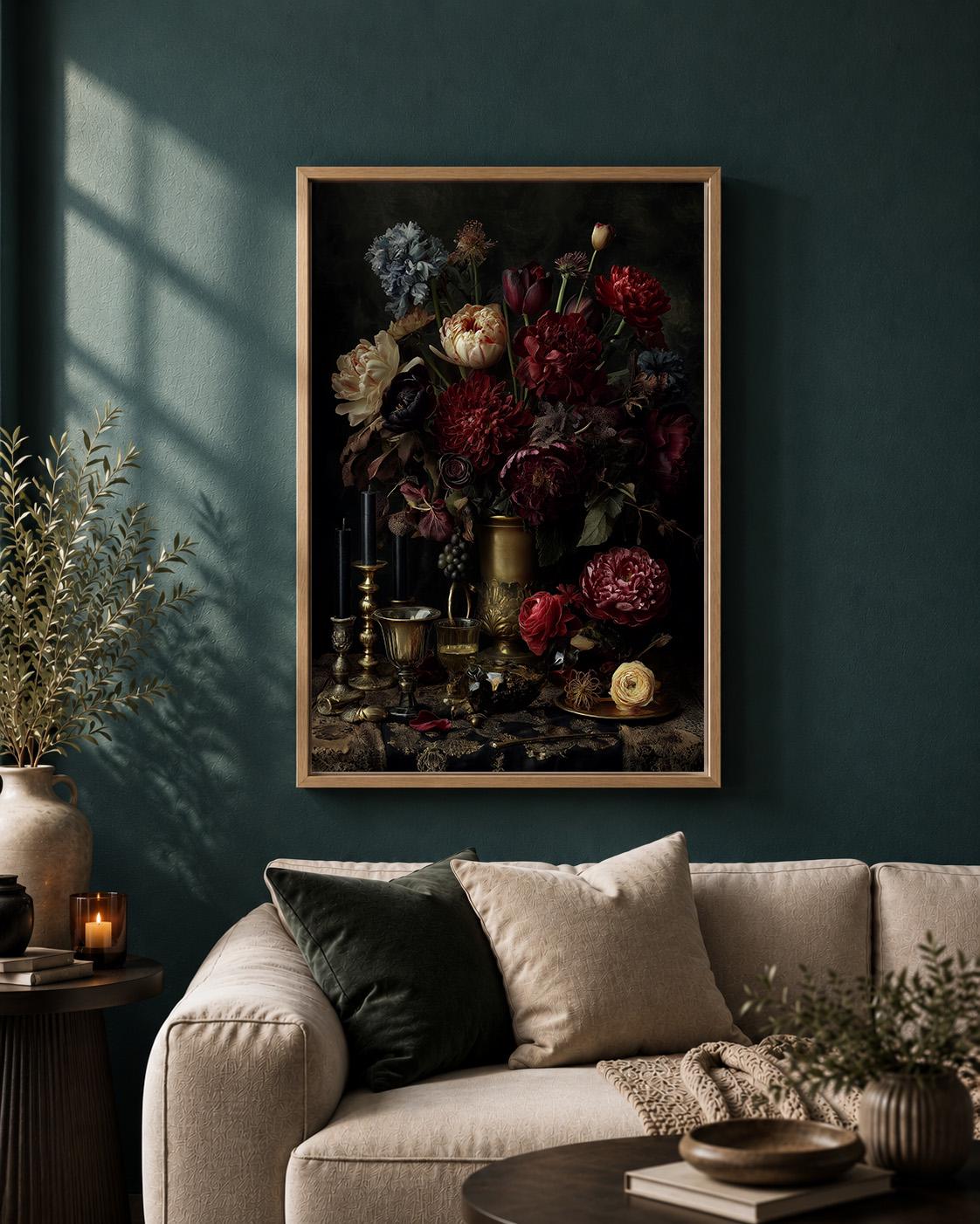 Dark Floral Still Life Framed Canvas Art, Moody Dutch Master Inspired Flowers, Gothic Decor by The Wall Art Studio - physical