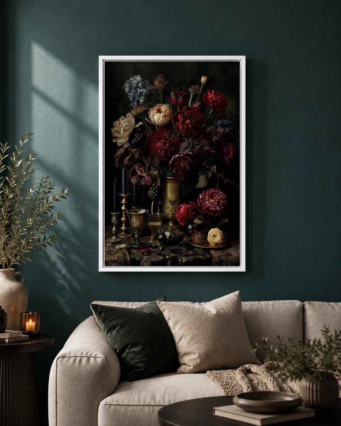 Dark Floral Still Life Framed Canvas Art, Moody Dutch Master Inspired Flowers, Gothic Decor by The Wall Art Studio - physical