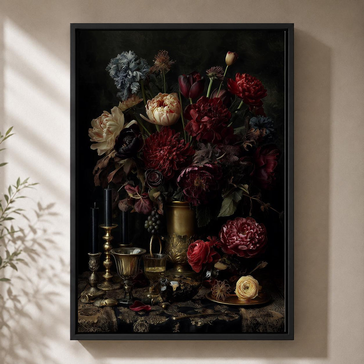 Dark Floral Still Life Framed Canvas Art, Moody Dutch Master Inspired Flowers, Gothic Decor by The Wall Art Studio - physical