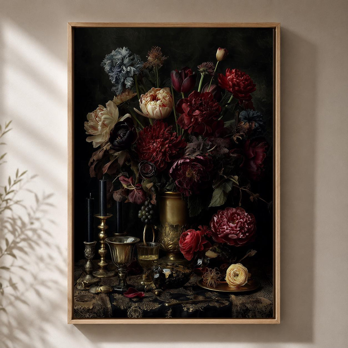 Dark Floral Still Life Framed Canvas Art, Moody Dutch Master Inspired Flowers, Gothic Decor by The Wall Art Studio - physical