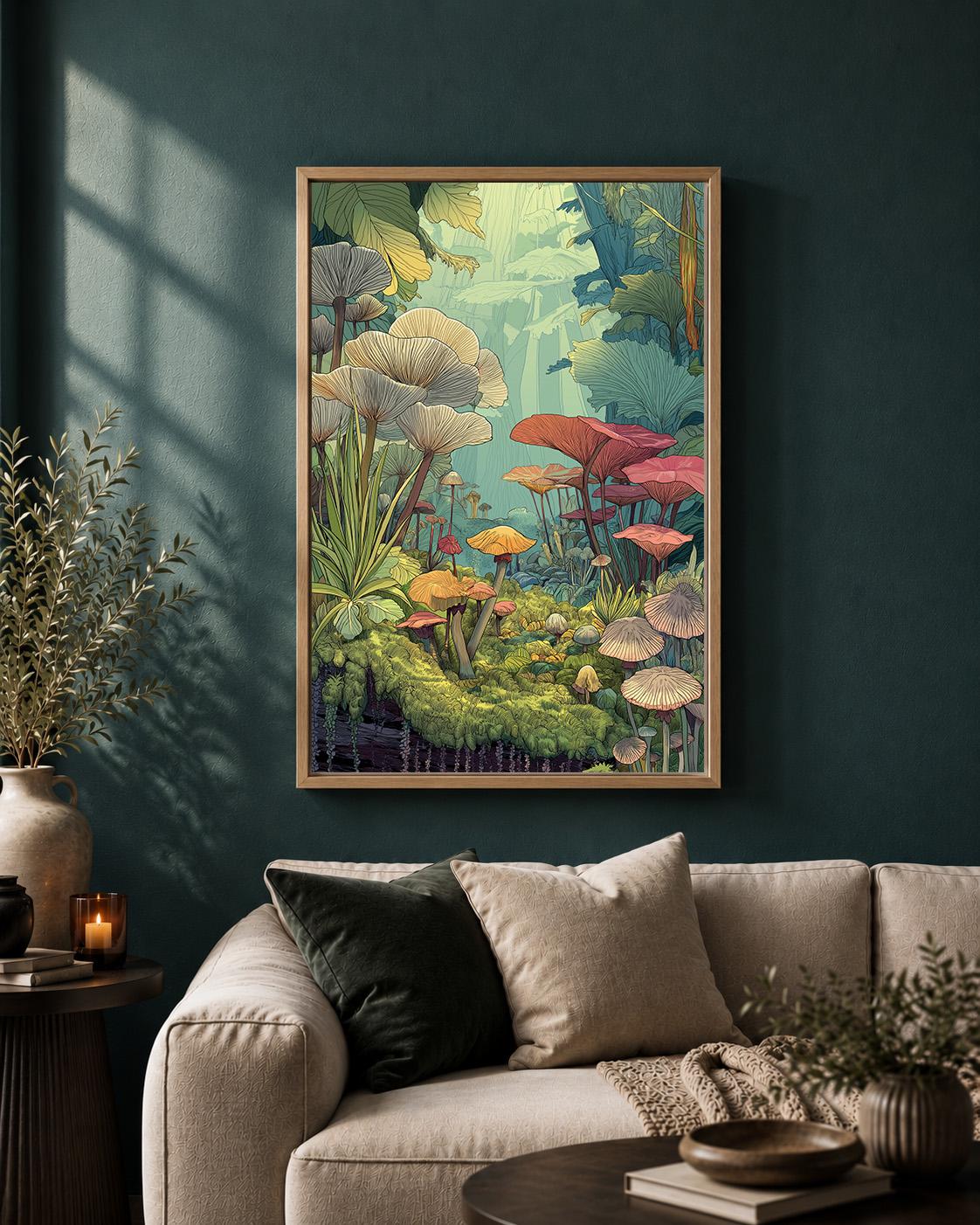 Dark Forest Mushroom Framed Canvas Art, Moody Woodland Botanical Print, Cottagecore Decor by The Wall Art Studio - physical