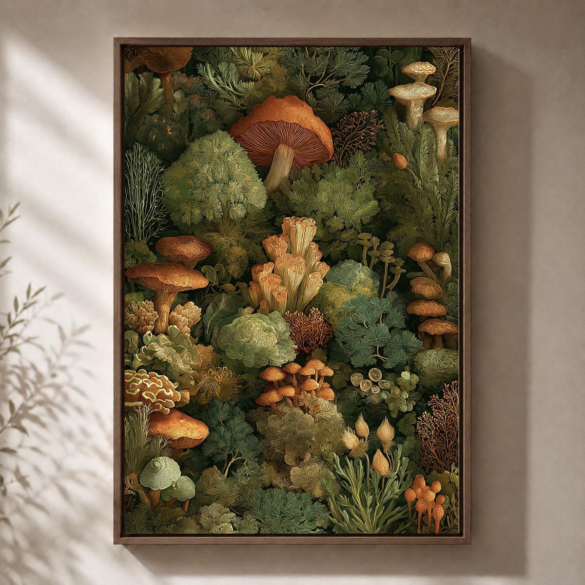Dark Forest Mushroom Framed Canvas Art, Moody Woodland Botanical Print, Cottagecore Decor by The Wall Art Studio - physical
