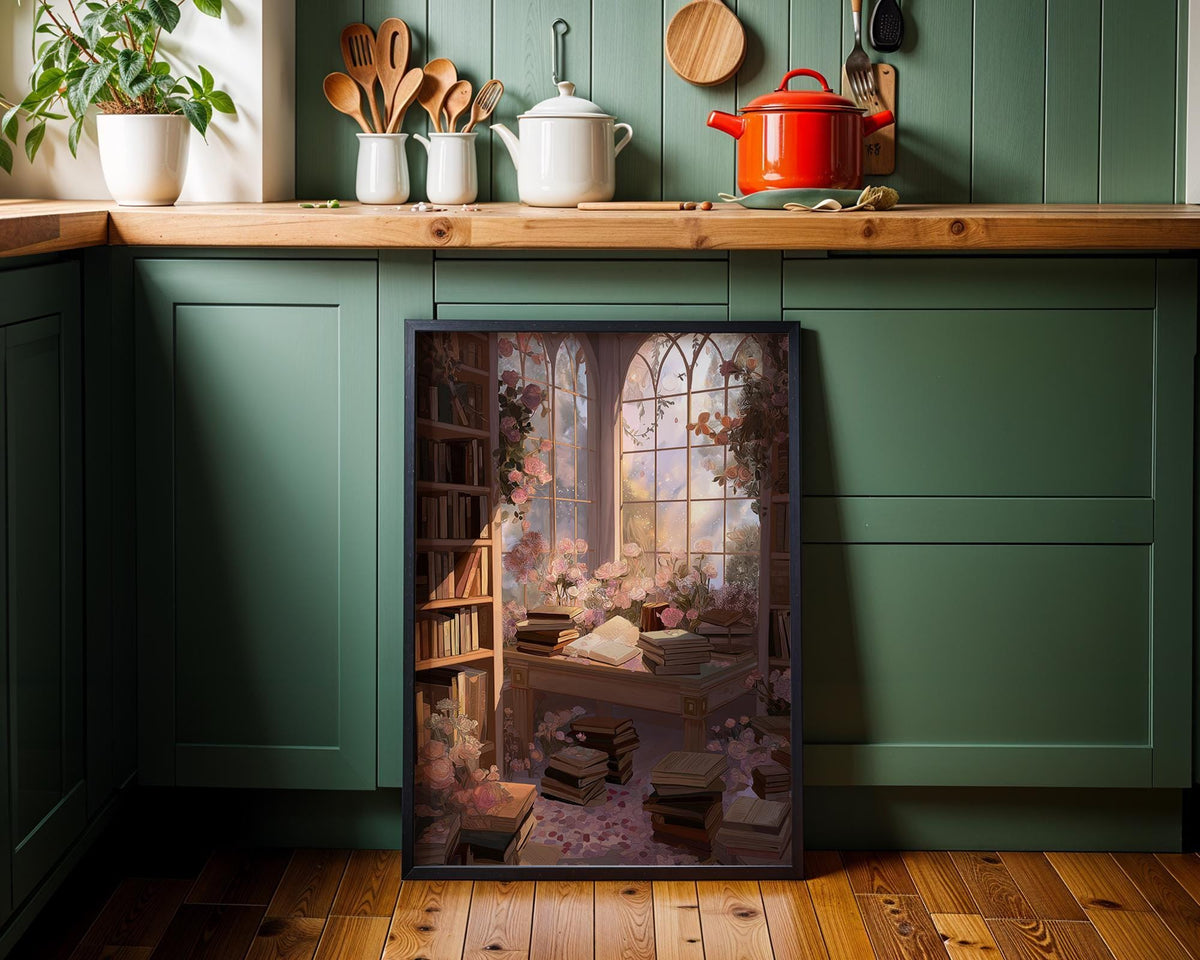 Dark Romantic Library Wall Art, Floral Book Room Print, Gothic Academia Décor, Moody Reading Nook Poster, Vintage Rose Lib...