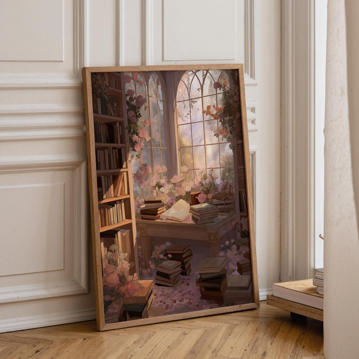 Dark Romantic Library Wall Art, Floral Book Room Print, Gothic Academia Décor, Moody Reading Nook Poster, Vintage Rose Lib...