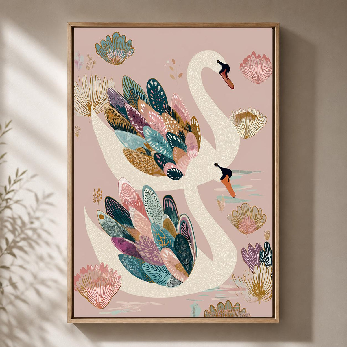Elegant Swan Framed Canvas Wall Art, Pink Botanical Bird Framed Canvas, Whimsical Nature Canvas Wall Art for Bedroom by Th...