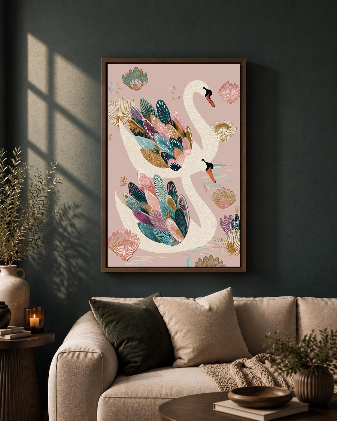 Elegant Swan Framed Canvas Wall Art, Pink Botanical Bird Framed Canvas, Whimsical Nature Canvas Wall Art for Bedroom by Th...