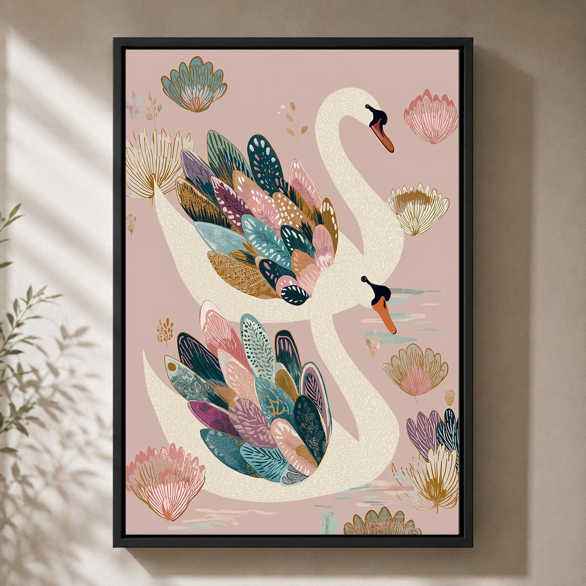 Elegant Swan Framed Canvas Wall Art, Pink Botanical Bird Framed Canvas, Whimsical Nature Canvas Wall Art for Bedroom by Th...