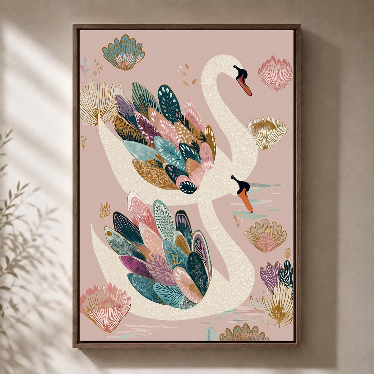 Elegant Swan Framed Canvas Wall Art, Pink Botanical Bird Framed Canvas, Whimsical Nature Canvas Wall Art for Bedroom by Th...