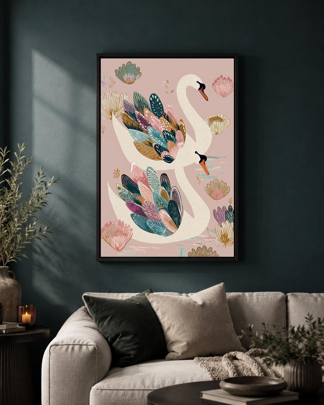 Elegant Swan Framed Canvas Wall Art, Pink Botanical Bird Framed Canvas, Whimsical Nature Canvas Wall Art for Bedroom by Th...