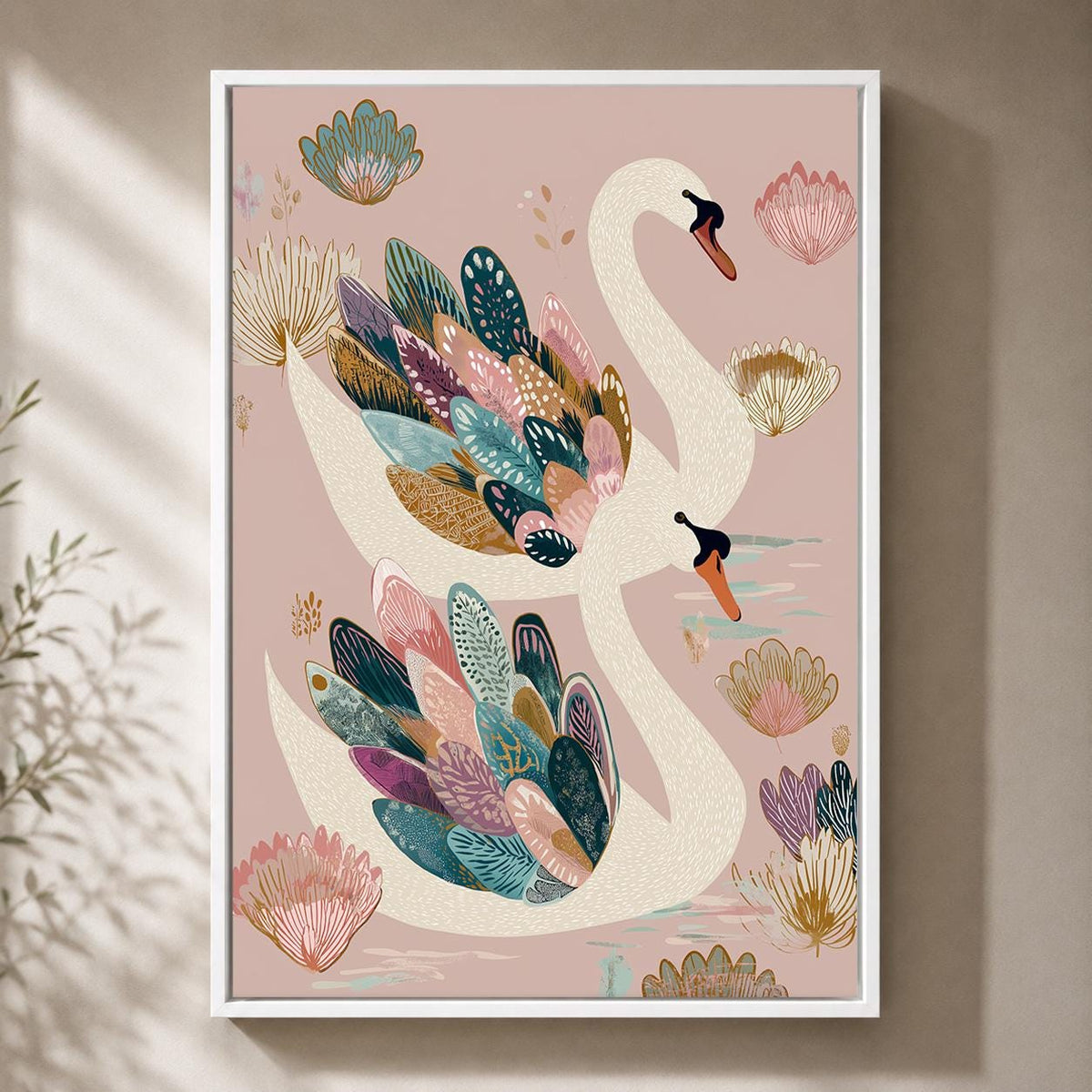 Elegant Swan Framed Canvas Wall Art, Pink Botanical Bird Framed Canvas, Whimsical Nature Canvas Wall Art for Bedroom by Th...