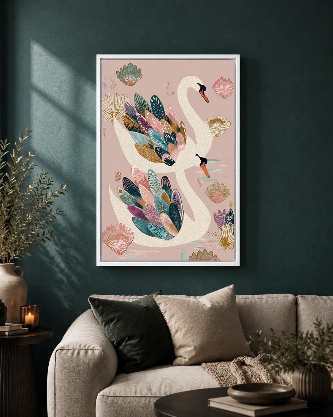 Elegant Swan Framed Canvas Wall Art, Pink Botanical Bird Framed Canvas, Whimsical Nature Canvas Wall Art for Bedroom by Th...