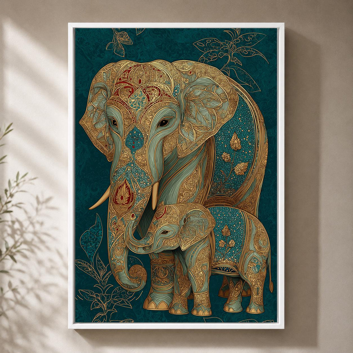 Elephant and Calf Framed Canvas Wall Art, Boho Elephant Family Print, Teal Gold Animal Decor, Luxury Wildlife Canvas by Th...