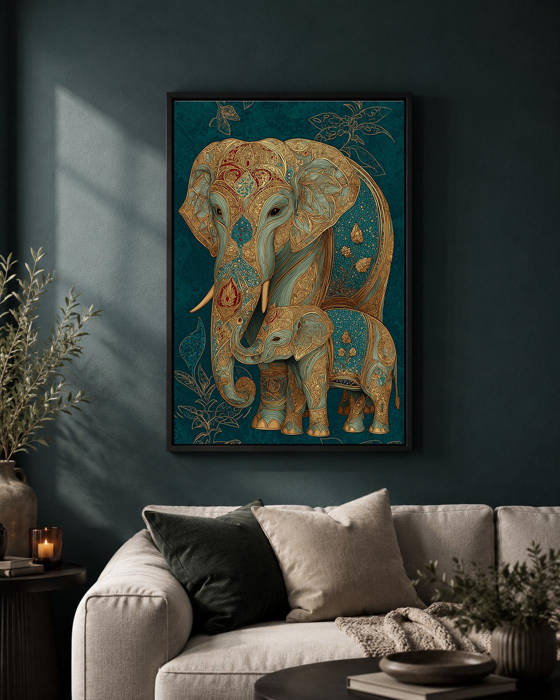 Elephant and Calf Framed Canvas Wall Art, Boho Elephant Family Print, Teal Gold Animal Decor, Luxury Wildlife Canvas by Th...