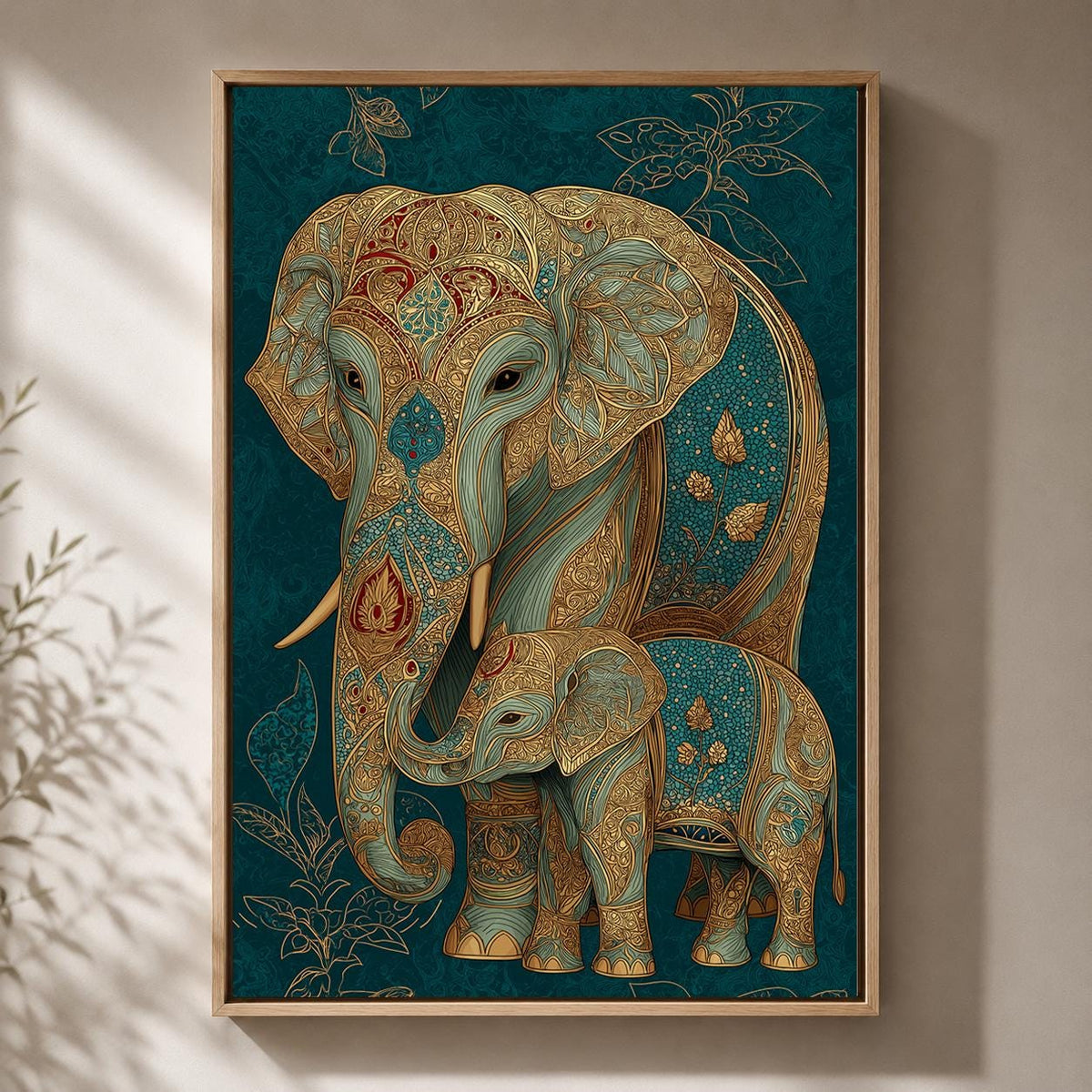 Elephant and Calf Framed Canvas Wall Art, Boho Elephant Family Print, Teal Gold Animal Decor, Luxury Wildlife Canvas by Th...