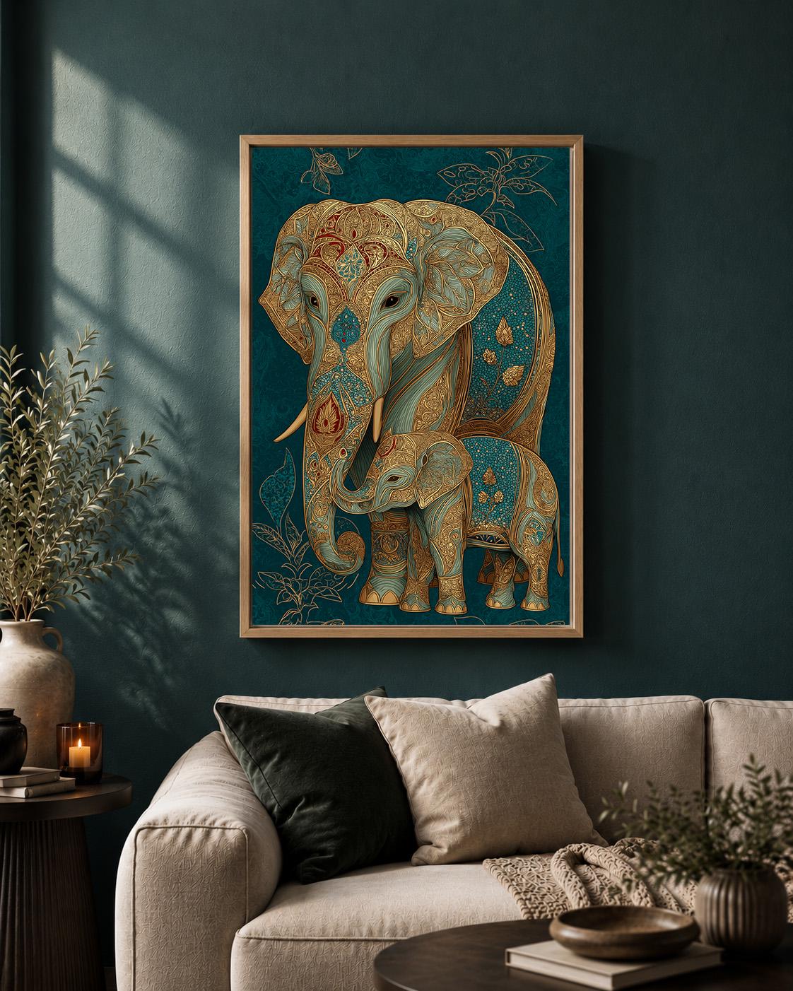 Elephant and Calf Framed Canvas Wall Art, Boho Elephant Family Print, Teal Gold Animal Decor, Luxury Wildlife Canvas by Th...