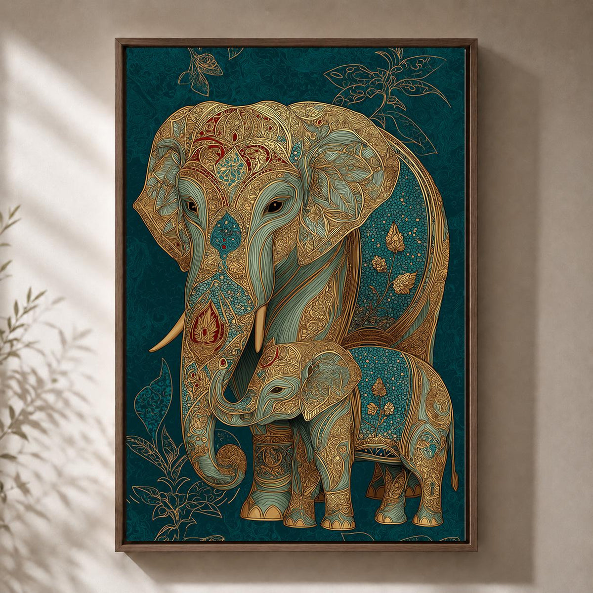 Elephant and Calf Framed Canvas Wall Art, Boho Elephant Family Print, Teal Gold Animal Decor, Luxury Wildlife Canvas by Th...