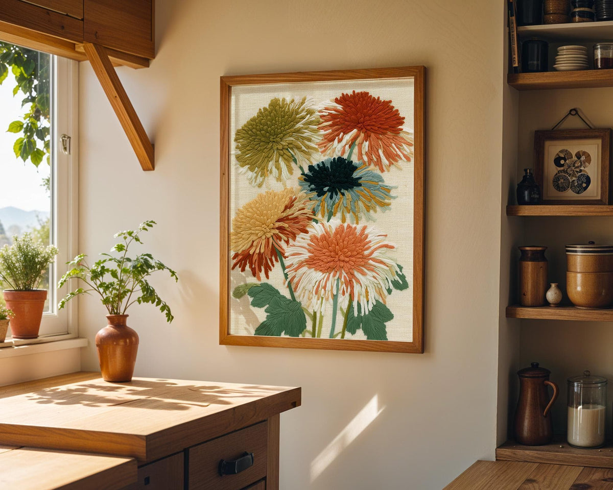 Embroidered Chrysanthemum Wall Art, Botanical Flower Print, Neutral Cottagecore Decor, Modern Botanical Artwork (Framed Op...