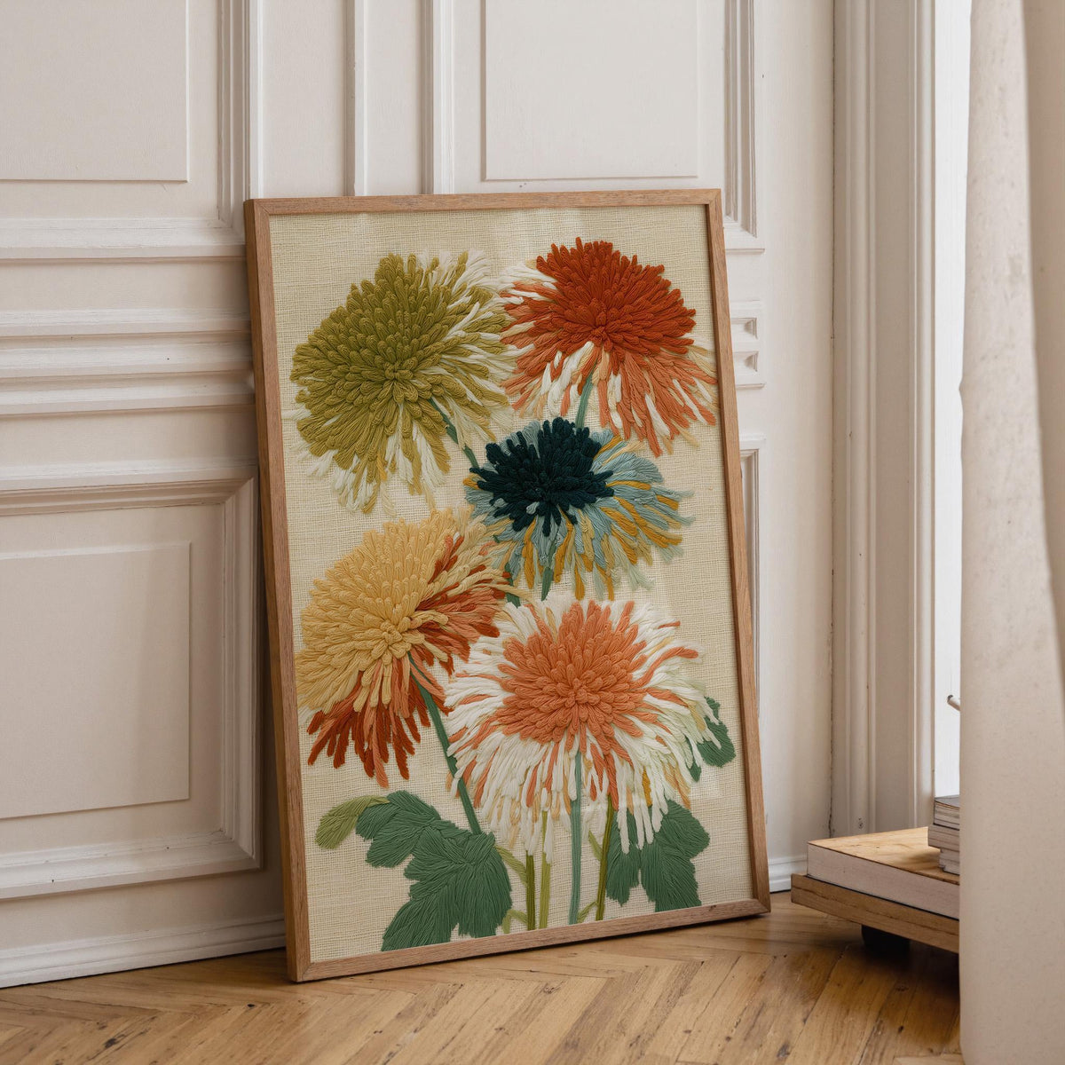 Embroidered Chrysanthemum Wall Art, Botanical Flower Print, Neutral Cottagecore Decor, Modern Botanical Artwork (Framed Op...