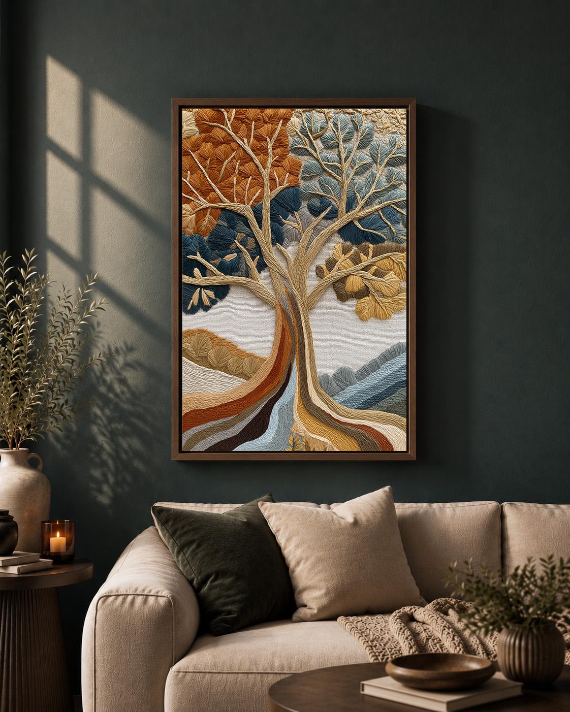 Embroidered Style Tree of Life Framed Canvas Art, Woodland Nature Wall Decor by The Wall Art Studio - physical