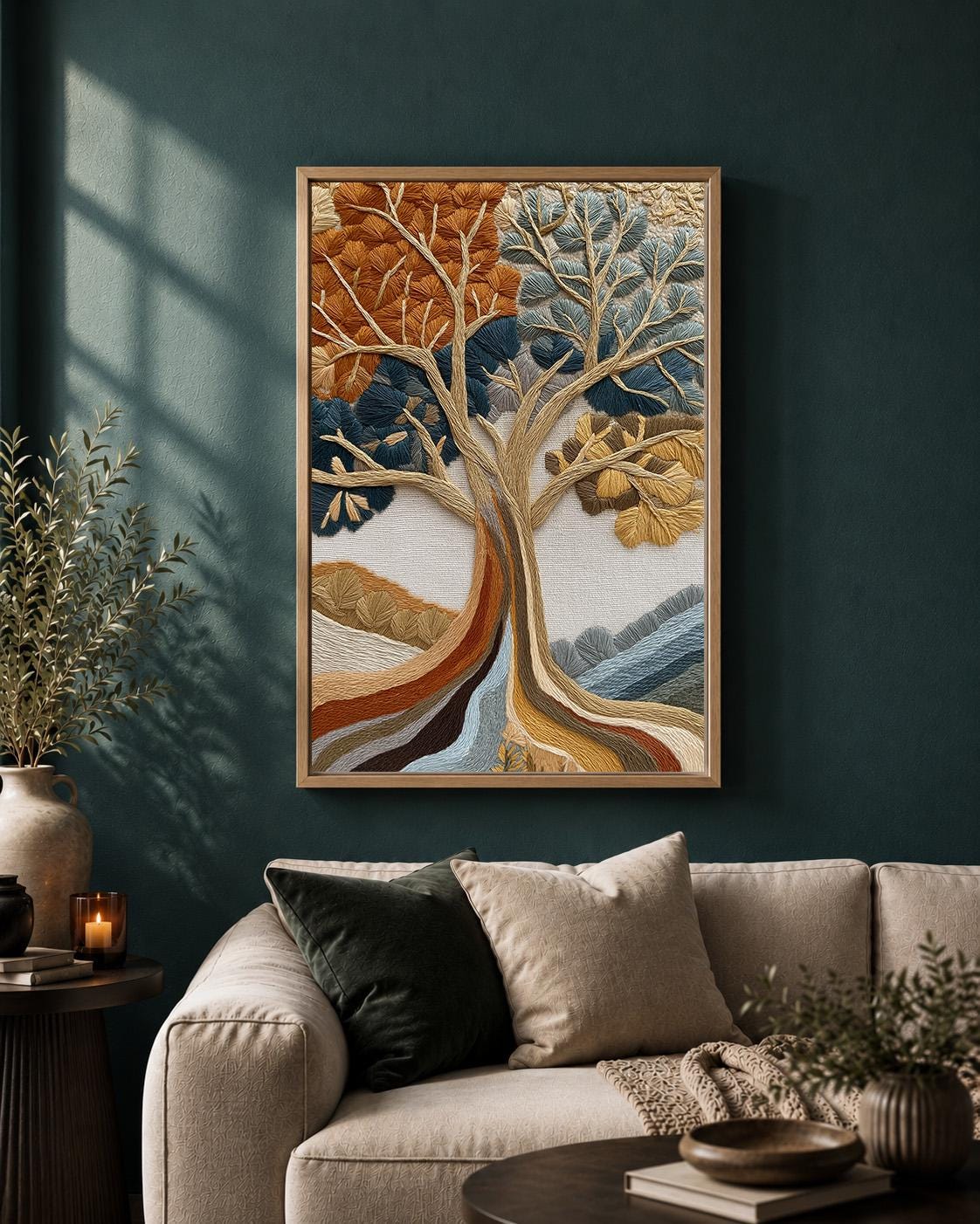 Embroidered Style Tree of Life Framed Canvas Art, Woodland Nature Wall Decor by The Wall Art Studio - physical