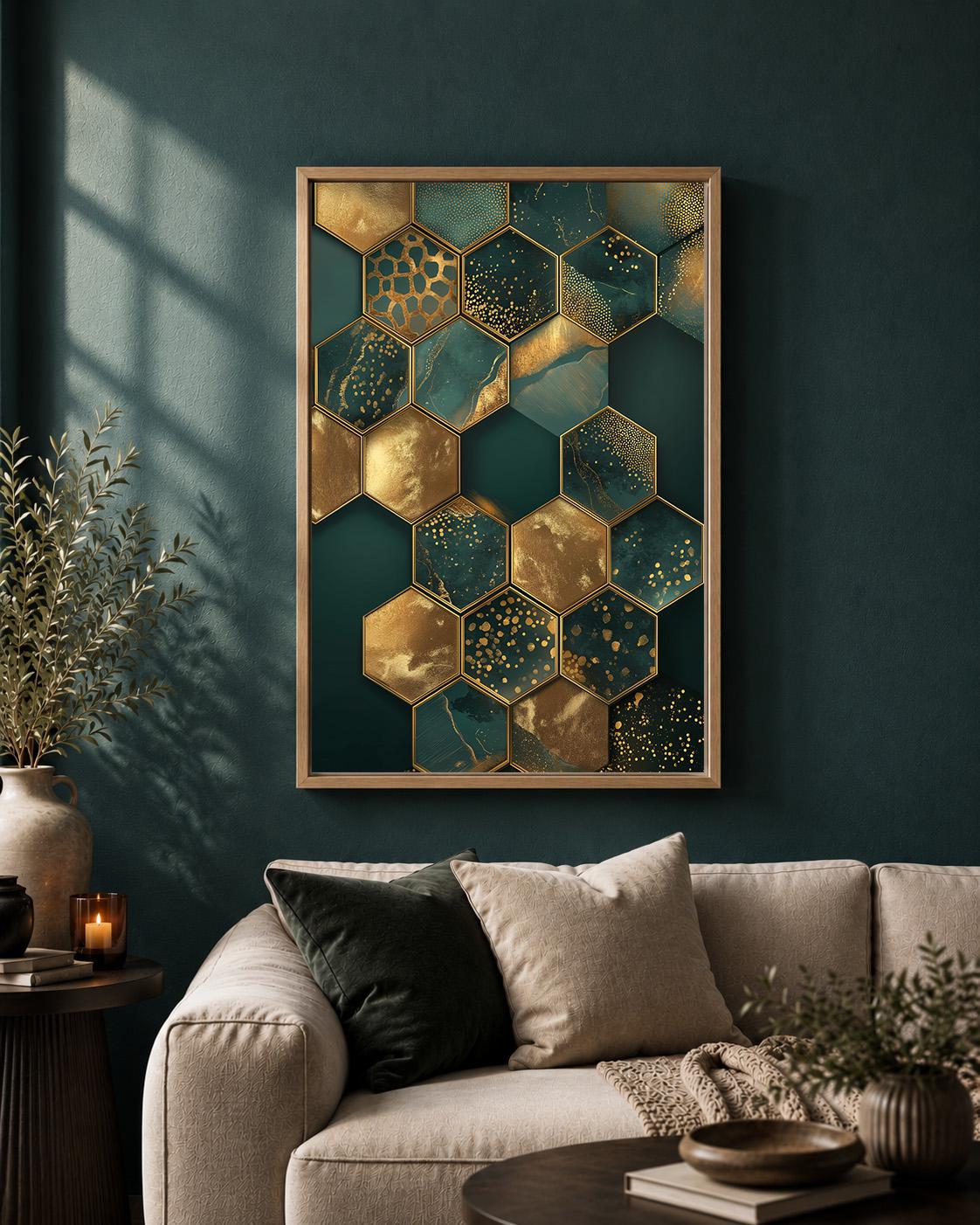 Emerald Gold Hexagon Abstract Framed Canvas Art, Luxury Geometric Print, Modern Glam Decor by The Wall Art Studio - physical