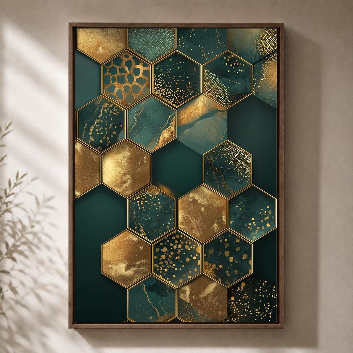 Emerald Gold Hexagon Abstract Framed Canvas Art, Luxury Geometric Print, Modern Glam Decor by The Wall Art Studio - physical