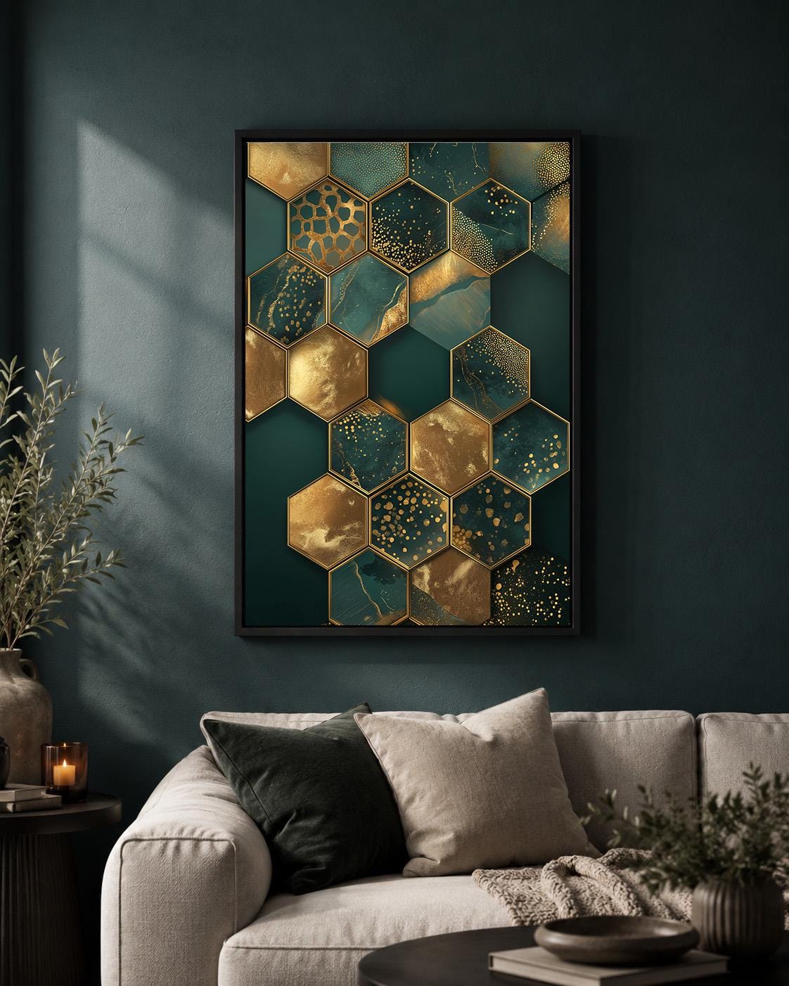 Emerald Gold Hexagon Abstract Framed Canvas Art, Luxury Geometric Print, Modern Glam Decor by The Wall Art Studio - physical