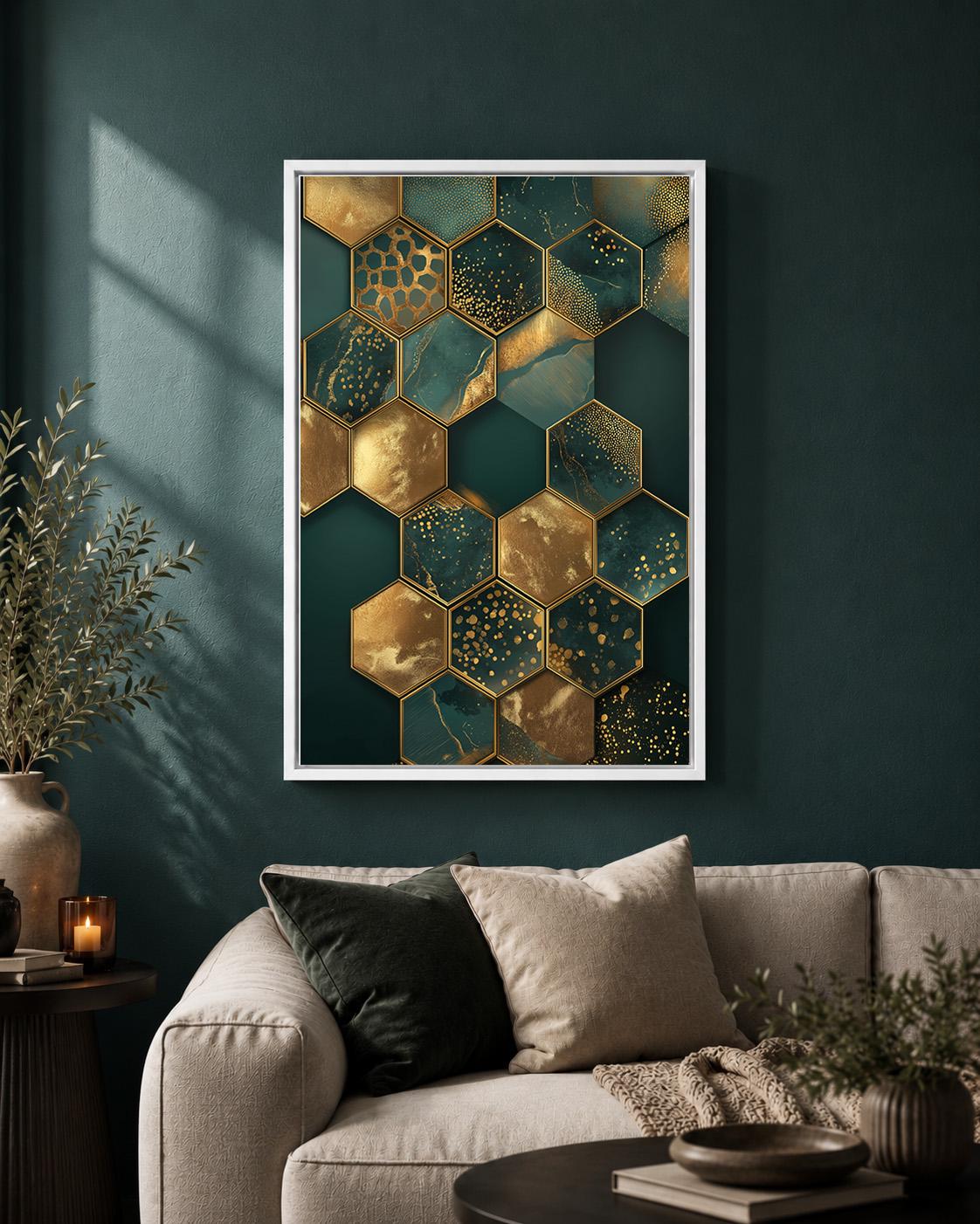 Emerald Gold Hexagon Abstract Framed Canvas Art, Luxury Geometric Print, Modern Glam Decor by The Wall Art Studio - physical
