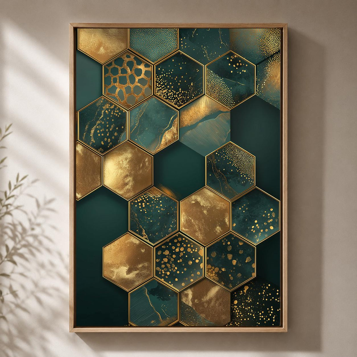 Emerald Gold Hexagon Abstract Framed Canvas Art, Luxury Geometric Print, Modern Glam Decor by The Wall Art Studio - physical