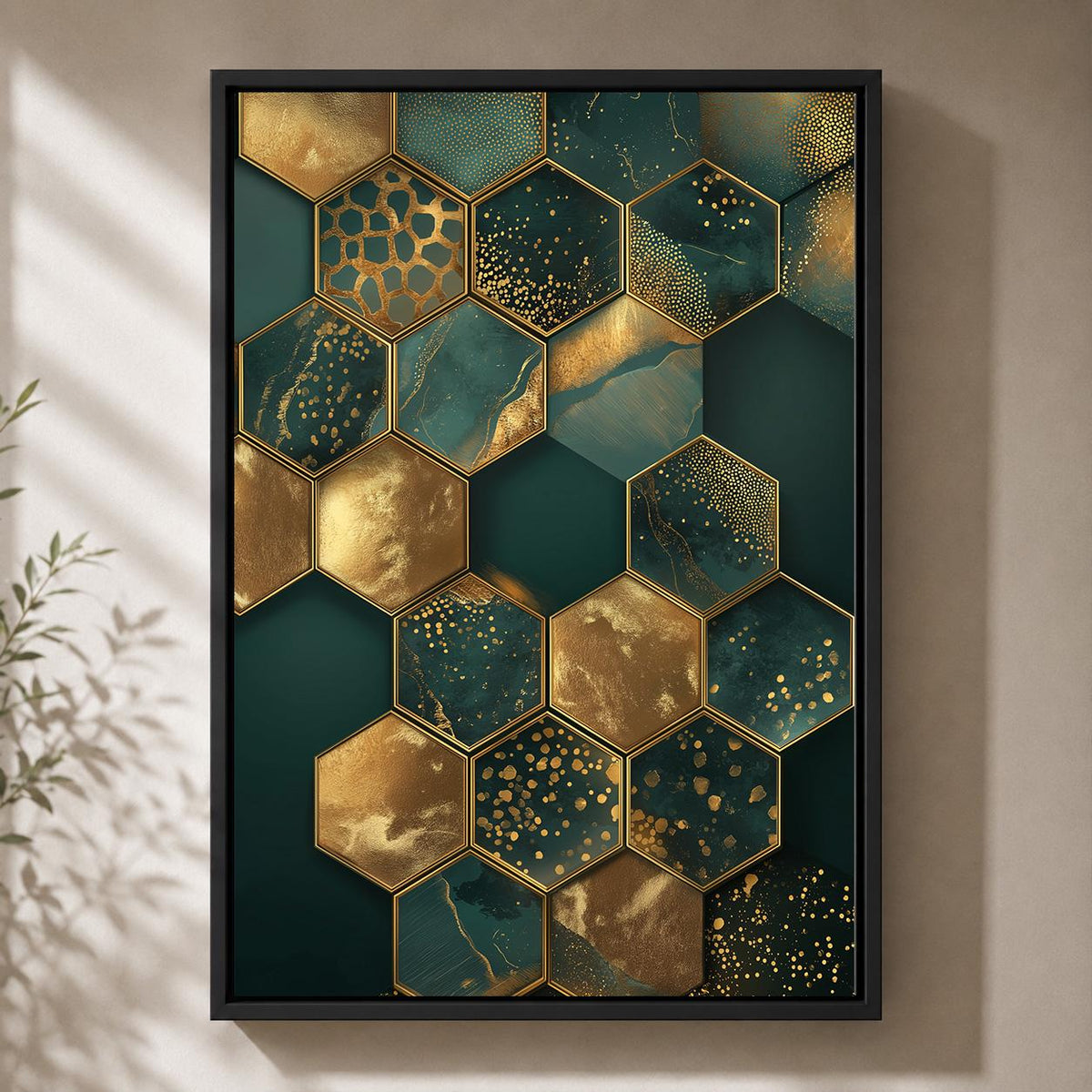 Emerald Gold Hexagon Abstract Framed Canvas Art, Luxury Geometric Print, Modern Glam Decor by The Wall Art Studio - physical