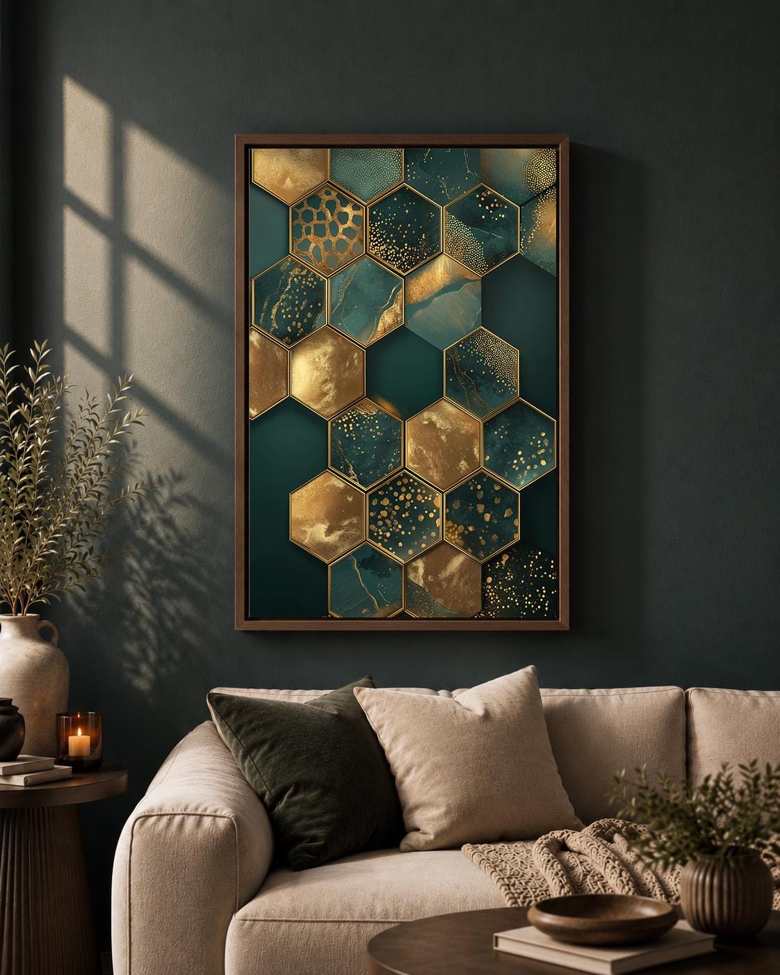 Emerald Gold Hexagon Abstract Framed Canvas Art, Luxury Geometric Print, Modern Glam Decor by The Wall Art Studio - physical