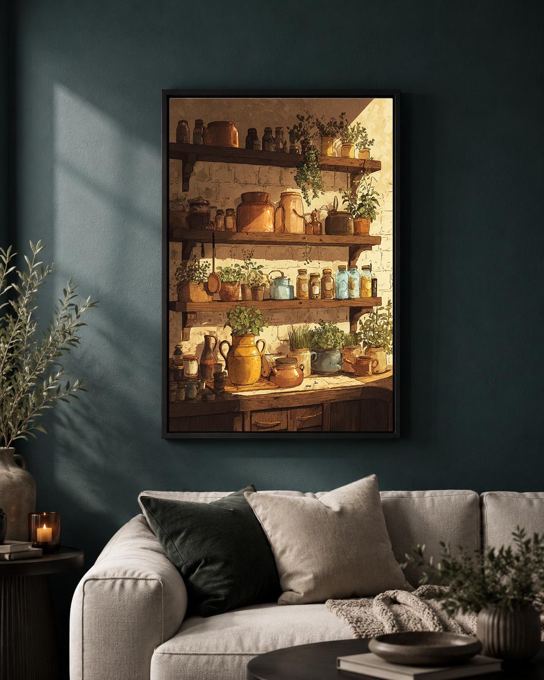 Farmhouse Kitchen Herb Shelf Framed Canvas Art, Rustic Pantry Cottagecore Decor by The Wall Art Studio - physical