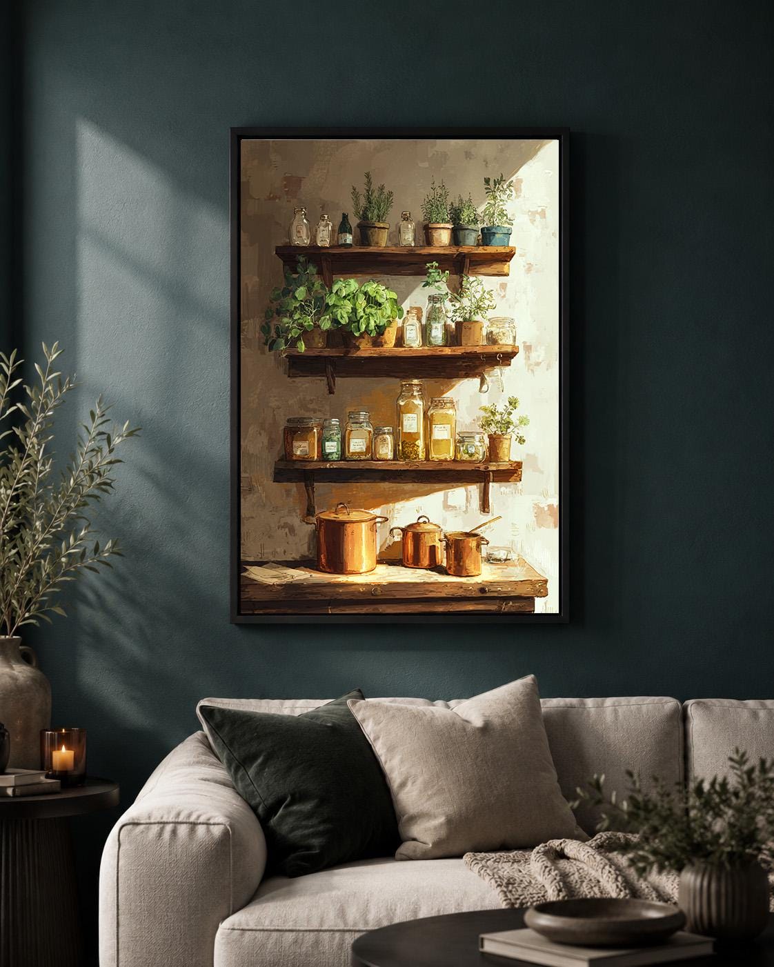 Farmhouse Kitchen Herb Shelf Framed Canvas, Rustic Pantry Framed Canvas Print by The Wall Art Studio - physical