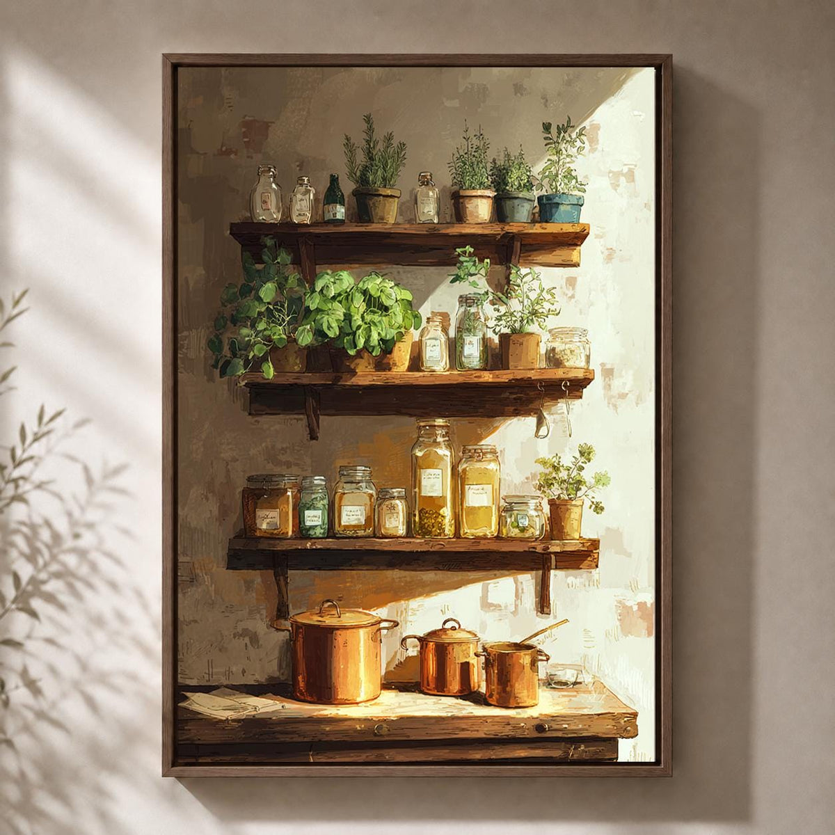 Farmhouse Kitchen Herb Shelf Framed Canvas, Rustic Pantry Framed Canvas Print by The Wall Art Studio - physical
