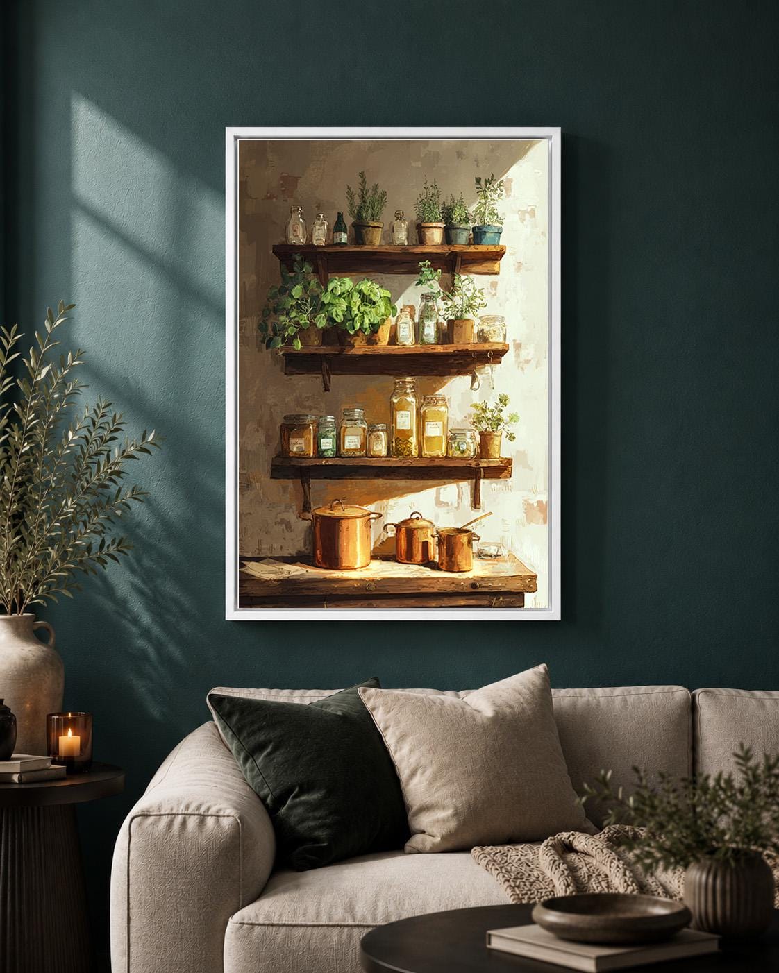 Farmhouse Kitchen Herb Shelf Framed Canvas, Rustic Pantry Framed Canvas Print by The Wall Art Studio - physical
