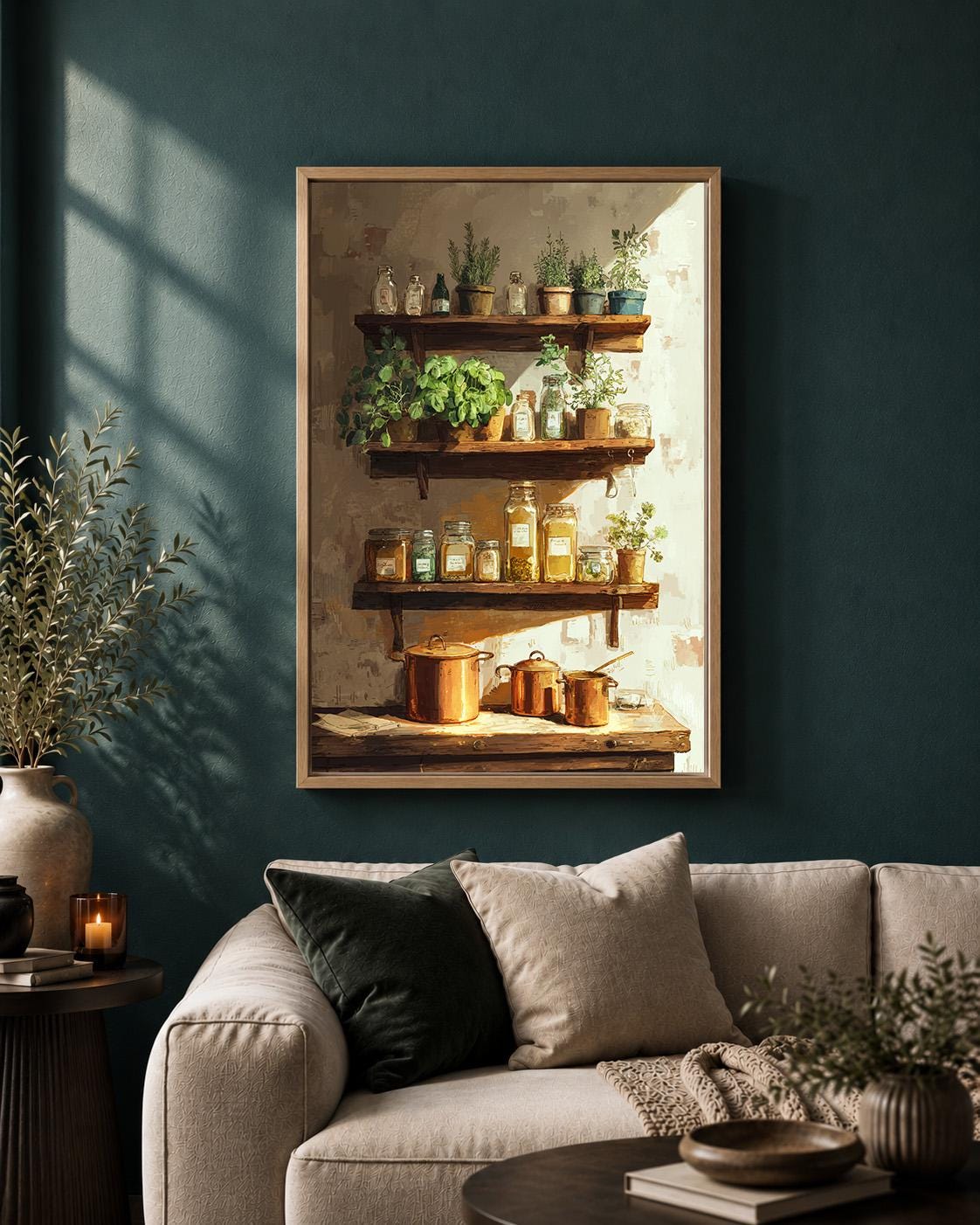 Farmhouse Kitchen Herb Shelf Framed Canvas, Rustic Pantry Framed Canvas Print by The Wall Art Studio - physical