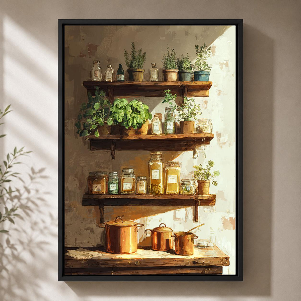 Farmhouse Kitchen Herb Shelf Framed Canvas, Rustic Pantry Framed Canvas Print by The Wall Art Studio - physical