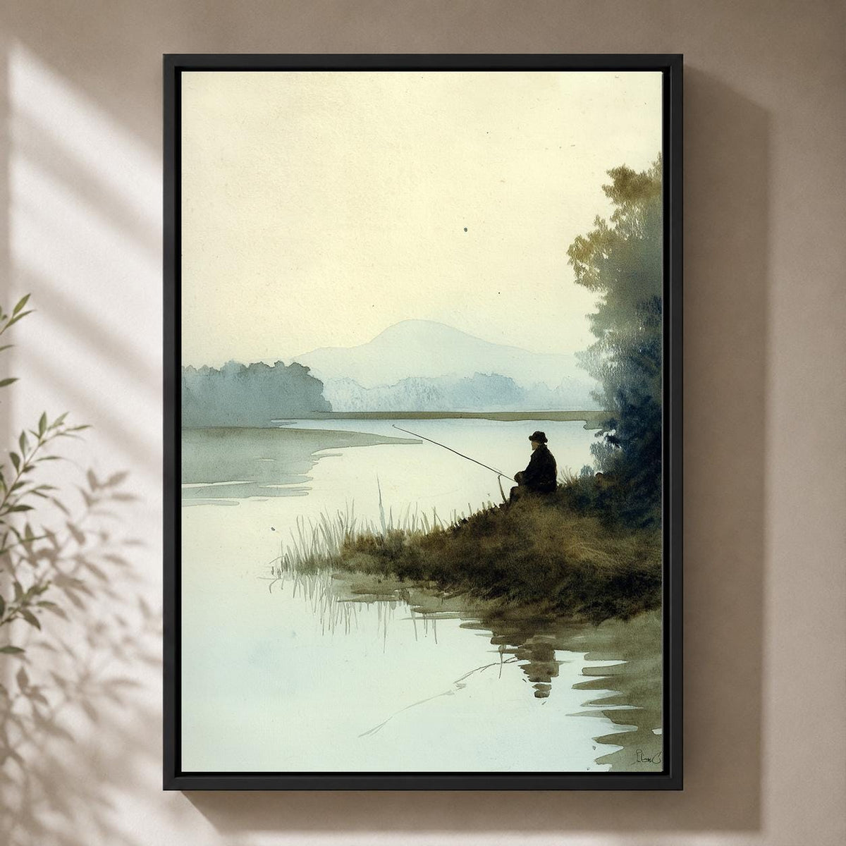 Fishing Framed Canvas Wall Art, Peaceful Lake Landscape Framed Canvas, Watercolour Nature Canvas Wall Art, Angler Gift by...