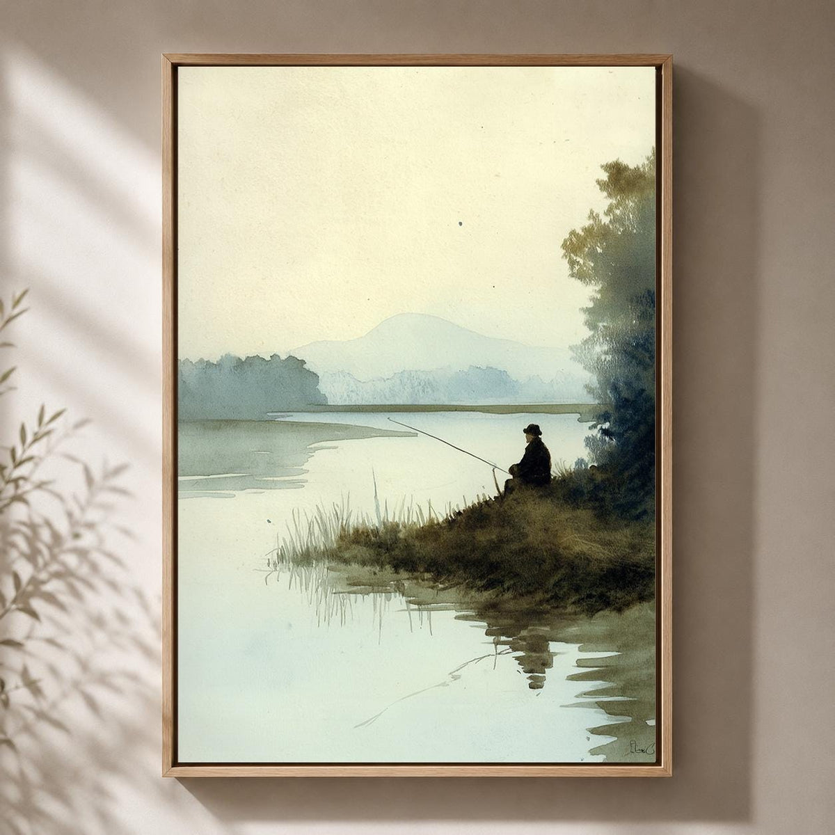 Fishing Framed Canvas Wall Art, Peaceful Lake Landscape Framed Canvas, Watercolour Nature Canvas Wall Art, Angler Gift by...