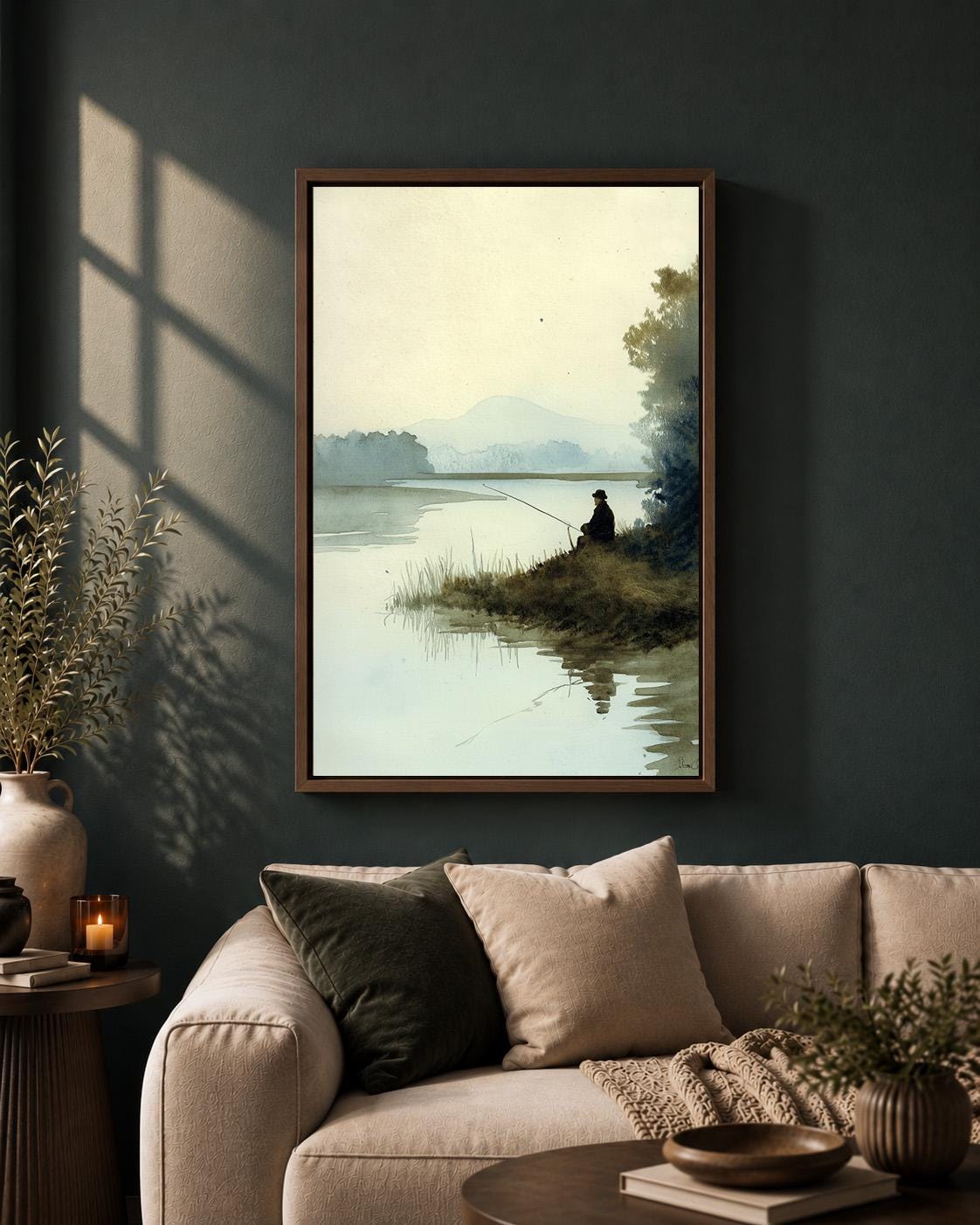 Fishing Framed Canvas Wall Art, Peaceful Lake Landscape Framed Canvas, Watercolour Nature Canvas Wall Art, Angler Gift by...