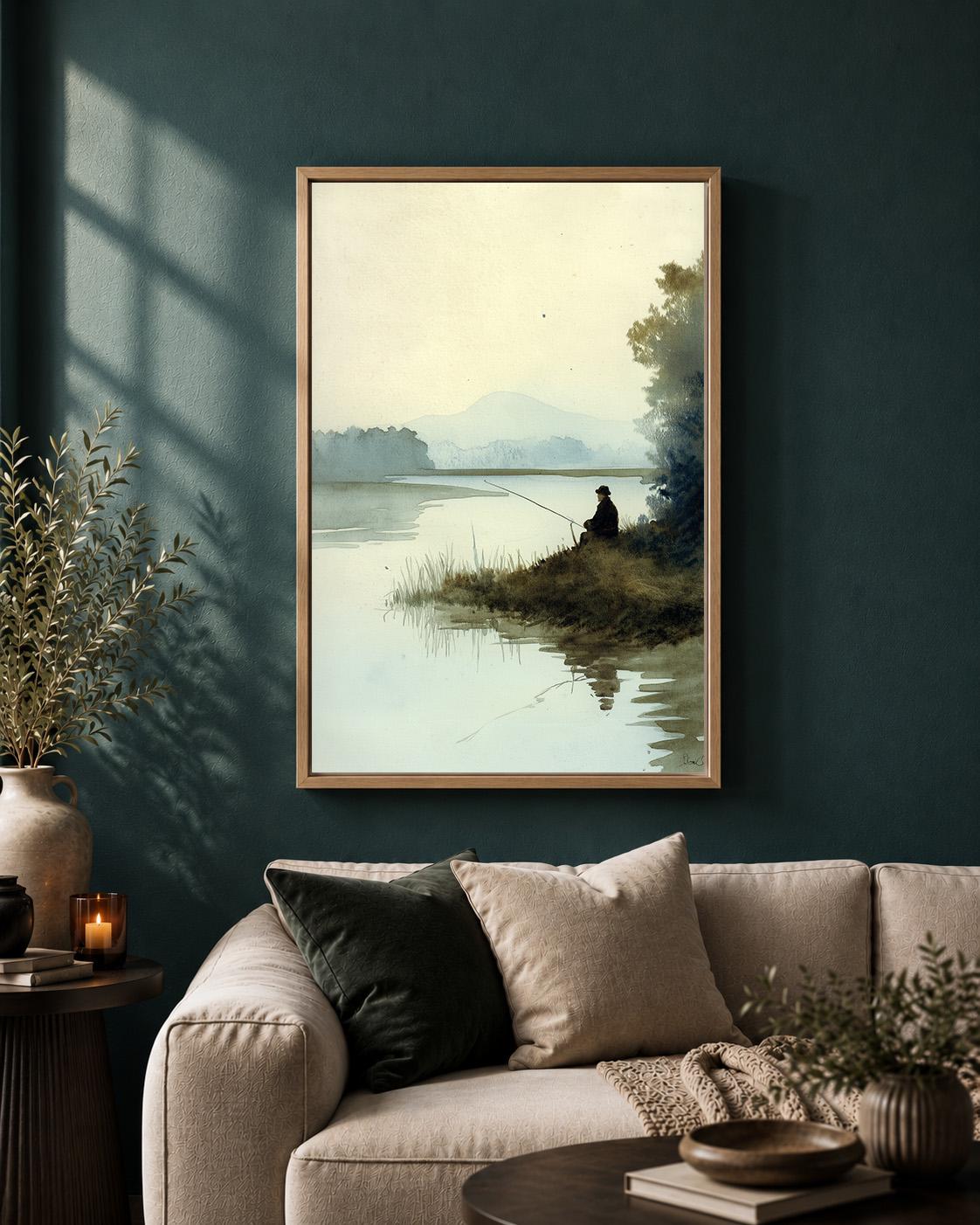 Fishing Framed Canvas Wall Art, Peaceful Lake Landscape Framed Canvas, Watercolour Nature Canvas Wall Art, Angler Gift by...