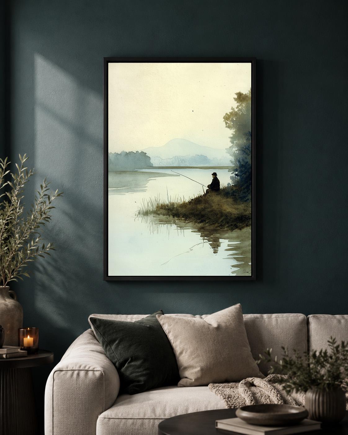 Fishing Framed Canvas Wall Art, Peaceful Lake Landscape Framed Canvas, Watercolour Nature Canvas Wall Art, Angler Gift by...