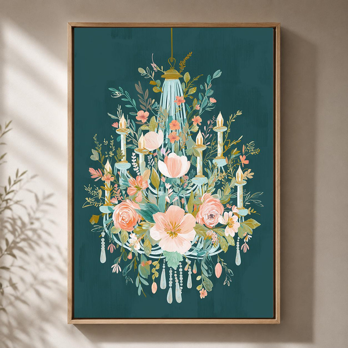 Floral Chandelier Framed Canvas Art, Romantic Botanical Print, Teal Cottagecore Decor by The Wall Art Studio - physical