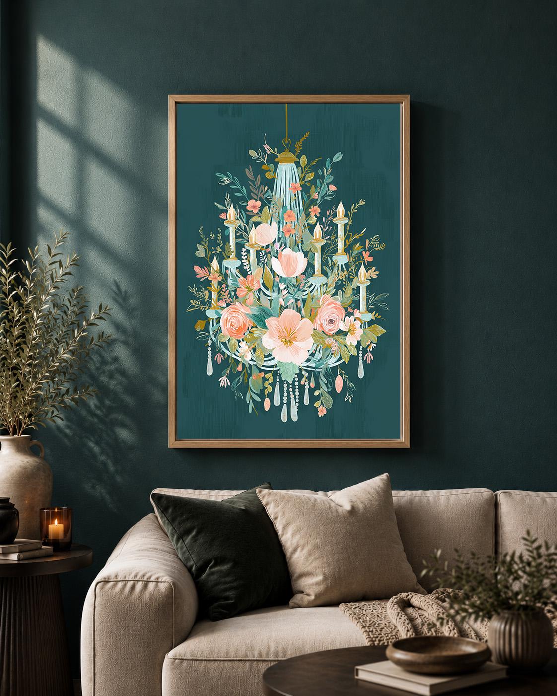 Floral Chandelier Framed Canvas Art, Romantic Botanical Print, Teal Cottagecore Decor by The Wall Art Studio - physical