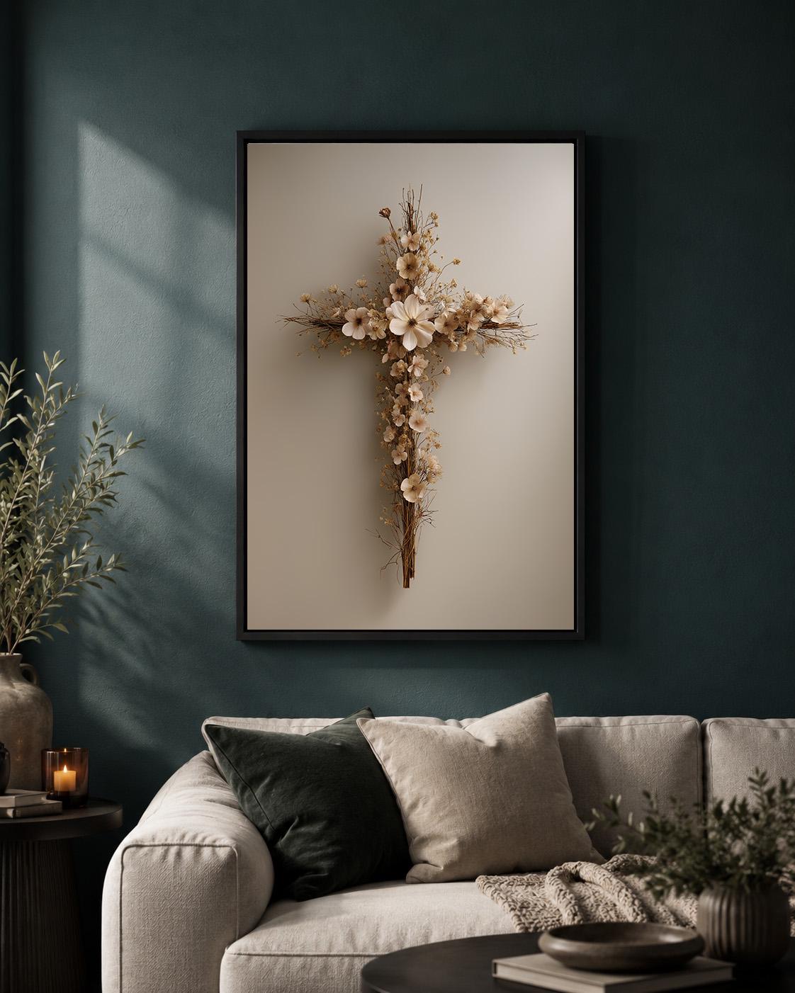 Floral Cross Framed Canvas Art, Neutral Boho Faith Artwork, Minimalist Religious Decor by The Wall Art Studio - physical