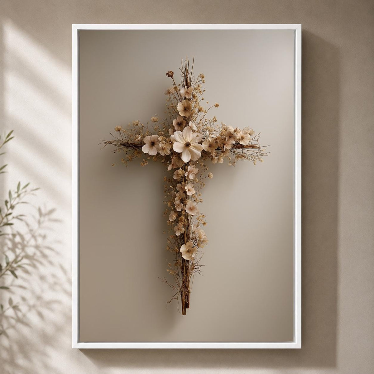 Floral Cross Framed Canvas Art, Neutral Boho Faith Artwork, Minimalist Religious Decor by The Wall Art Studio - physical